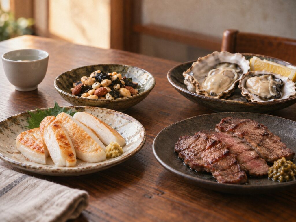 酒器と笹かまぼこ、海苔とナッツ、牡蠣、牛たんが並んだ食卓