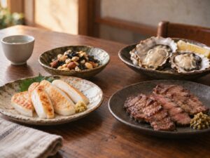 酒器と笹かまぼこ、海苔とナッツ、牡蠣、牛たんが並んだ食卓
